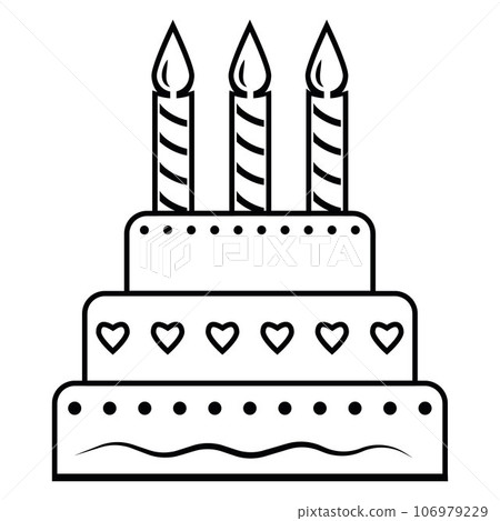 Cake with candles, sweet festive dessert, black outline, doodle style 106979229