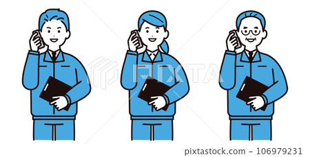 A man and a woman wearing work clothes and talking on the phone, a young man, a middle-aged man, a site supervisor 106979231