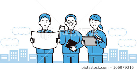 A team of three smiling men and women wearing work clothes 106979316