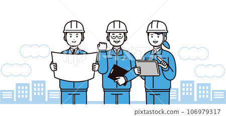 A team of three smiling men and women wearing work clothes and helmets 106979317