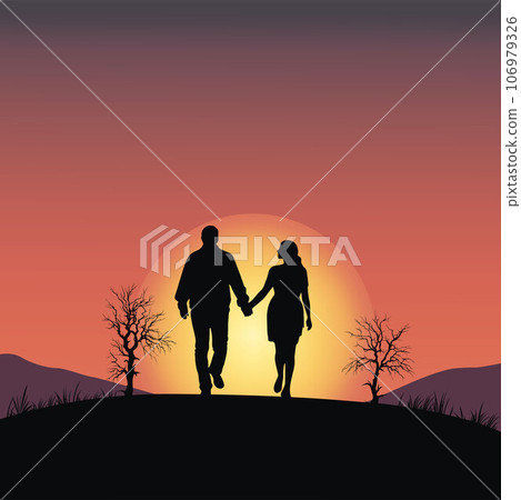 Couple holding hand walking at sunset, loving couple silhouette Couple holding hand walking at sunset, loving couple silhouette 106979326