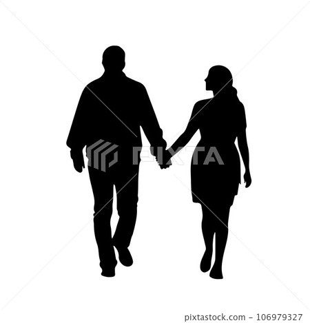 Couple holding hand walking at sunset, loving couple silhouette Couple holding hand walking at sunset, loving couple silhouette 106979327