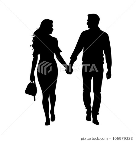 Couple holding hand walking at sunset, loving couple silhouette Couple holding hand walking at sunset, loving couple silhouette 106979328