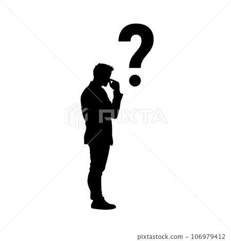 Thinking man with question mark, man thinking and looking up, brainstorming silhouette 106979412