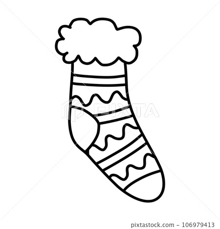 Knitted warm sock with stripes, waves and fluffy fur on top, vector outline for coloring book 106979413