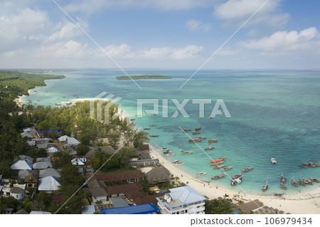 Drone shot of wooden fisherman boats at Kendwa village 106979434