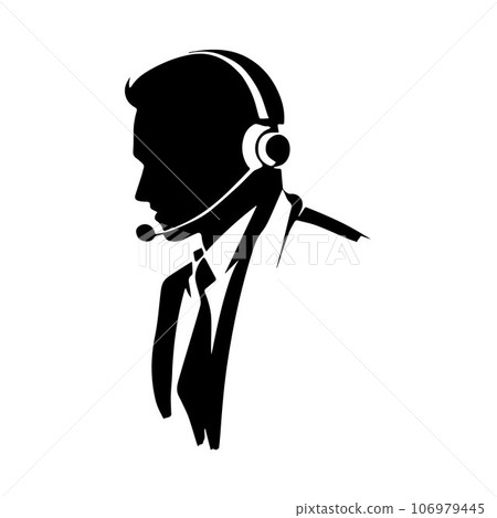 Call center and working with headset, computer for online customer support, service or help, web support communication vector silhouette Call center and working with headset, computer for online customer support, service or help, web support communication vector silhouette 106979445