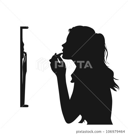 Girl wearing lipstick, Girl is looking in the mirror and applying makeup. Young girl Young elegant woman preparing herself for the party 106979464