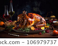 Roasted turkey with cranberries and oranges on a dark background 106979737