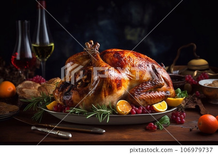 Roasted turkey with cranberries and oranges on a dark background 106979737