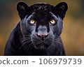 Portrait of a black panther with yellow eyes looking at the camera in the wild (Panthera pardus) 106979739