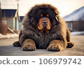 A cute tibetan mastiff dog is lying on the ground on the street. 106979742