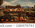 Pumpkins on a farm. Pumpkin harvest on old wooden cart in a farm field. Pumpkin harvest at a farm in California, United States. 106979743