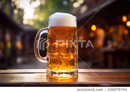 Glass of beer on a wooden table in front of a blurred background. Mug of beer on a wooden table Glass of beer on a wooden table in front of a blurred background. Mug of beer on a wooden table 106979744