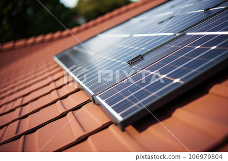 Solar panels on the roof of a small house. Solar panels on the roof of a small house. 106979804