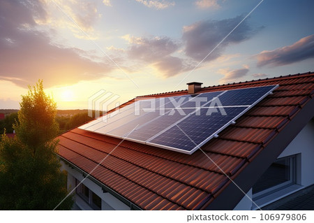 Solar panels on the roof of a small house. Solar panels on the roof of a small house. 106979806