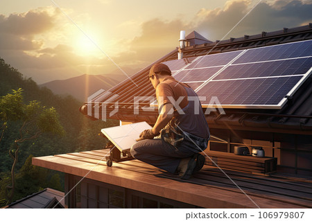 Solar panels on the roof of a small house. Solar panels on the roof of a small house. 106979807