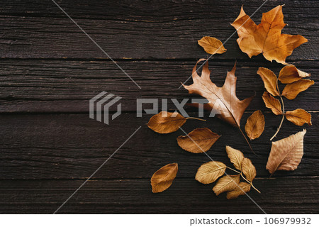 Autumn yellow, orange and red leaves, fall leaf frame on rustic wooden background 106979932