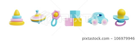 Realistic 3d different toys baby set include of pyramid, rattle, cubes, machine, spinning top vector newborn entertain 106979946