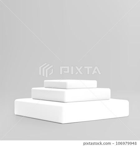 3D white podium stands, three level steps, square pedestals, cubes, vector volumetric scene mockup for product stage showcase 3D white podium stands, three level steps, square pedestals, cubes, vector volumetric scene mockup for product stage showcase 106979948