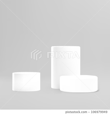 3D white podium stands, three circle pedestals, cylinders, vector volumetric scene mockup for product stage showcase 3D white podium stands, three circle pedestals, cylinders, vector volumetric scene mockup for product stage showcase 106979949