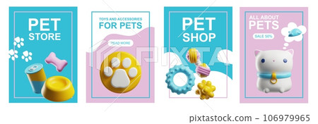 Posters set tamplate with 3d rendering pet store food, toys, accessories, vector cute advertising cat and dog care shop Posters set tamplate with 3d rendering pet store food, toys, accessories, vector cute advertising cat and dog care shop 106979965