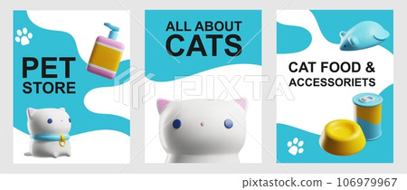 Flyers set with 3d rendering pet store, toys, accessories and food, cat grooming stuff, feline care vector illustrations 106979967