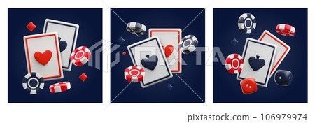 Set of vector banners, flyers with chips, tokens for poker and casino games, playing ace cards in realistic 3d style 106979974