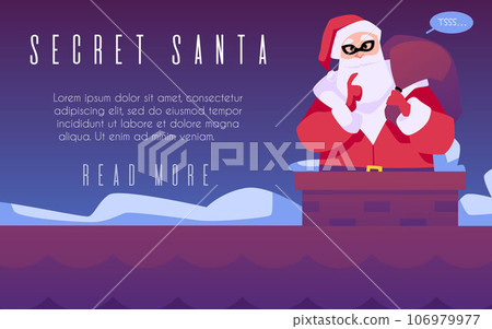 Secret santa with gift bag in mask on the roof in chimney, vector Santa Claus delivering present, happy new year landing Secret santa with gift bag in mask on the roof in chimney, vector Santa Claus delivering present, happy new year landing 106979977