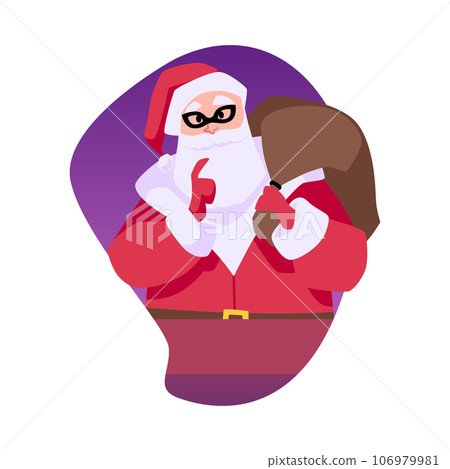 Santa Claus in mask with gift bag showing to be silent gesture, vector Secret Santa delivering present, merry christmas Santa Claus in mask with gift bag showing to be silent gesture, vector Secret Santa delivering present, merry christmas 106979981