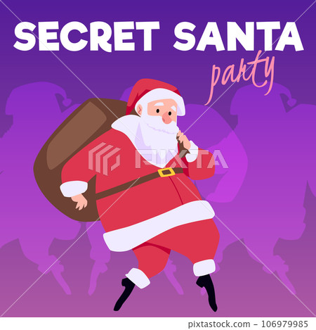 Secret Santa Claus with gifts bag delivering present on tiptoe, vector illustration Merry christmas and Happy new year 106979985