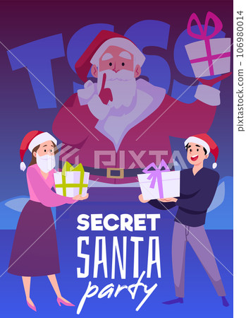 Santa Claus with gift box showing to be silent gesture, satisfied people with presents, Secret santa party vector poster Santa Claus with gift box showing to be silent gesture, satisfied people with presents, Secret santa party vector poster 106980014