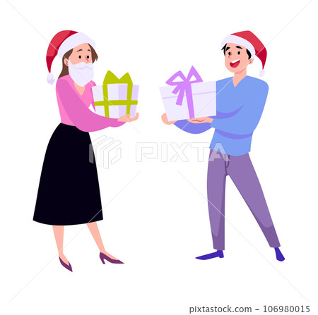 Happy man and woman holding gift boxes, flat vector illustration isolated on white background. Happy man and woman holding gift boxes, flat vector illustration isolated on white background. 106980015
