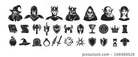 Game fantasy icon vector set, magic dungeon dragon RPG sign, medieval warrior avatar, fairytale sign Game fantasy icon vector set, magic dungeon dragon RPG sign, medieval warrior avatar, fairytale sign 106980026
