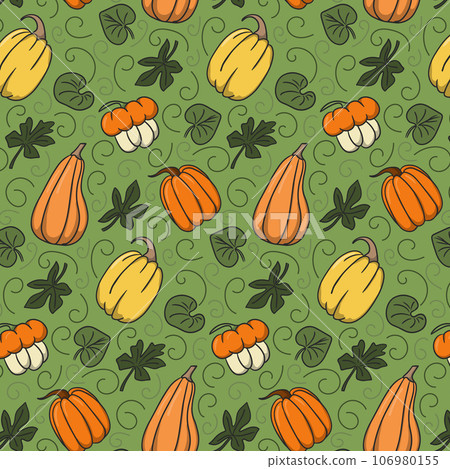 Cozy autumn yellow and orange pumpkin seamless pattern on green background. Variation of forms of squashes with green leaves. Cute design for wrapping paper, decoration, home decor, kids textile Cozy autumn yellow and orange pumpkin seamless pattern on green background. Variation of forms of squashes with green leaves. Cute design for wrapping paper, decoration, home decor, kids textile 106980155