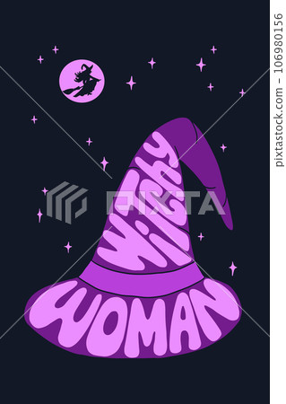 Retro groovy typographic composition for Halloween. Flat hand drawn text Witchy Woman in shape of witch hat. Vector illustration with witch silhouette, moon and stars in night. Dark theme for posters Retro groovy typographic composition for Halloween. Flat hand drawn text Witchy Woman in shape of witch hat. Vector illustration with witch silhouette, moon and stars in night. Dark theme for posters 106980156