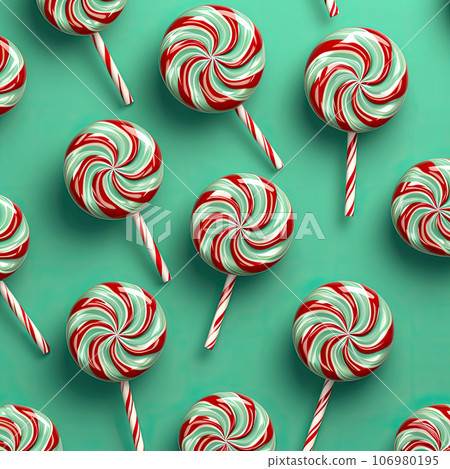 Creative minimal Christmas art. Pattern made with Christmas candies on bright green background. Flat lay. Copy space. Minimal composition Creative minimal Christmas art. Pattern made with Christmas candies on bright green background. Flat lay. Copy space. Minimal composition 106980195