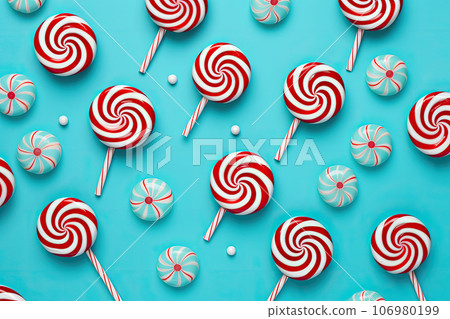 Creative minimal Christmas art. Pattern made with Christmas candies on bright blue background. Flat lay. Copy space. Minimal composition Creative minimal Christmas art. Pattern made with Christmas candies on bright blue background. Flat lay. Copy space. Minimal composition 106980199
