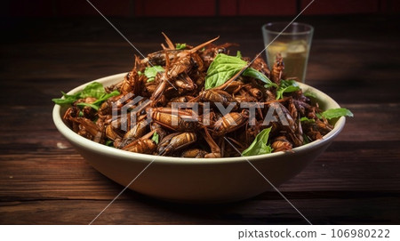 Fried insects in a bowl on a wooden background, Selective focus. Fried crickets, Asian food, Natural protein Fried insects in a bowl on a wooden background, Selective focus. Fried crickets, Asian food, Natural protein 106980222