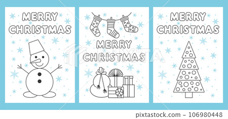 Collection of Merry Christmas and New Year greeting cards, poster, holiday cover. Christmas design with beautiful snowflakes in line art style. Gift boxes, Christmas socks, snowman, Christmas tree. Collection of Merry Christmas and New Year greeting cards, poster, holiday cover. Christmas design with beautiful snowflakes in line art style. Gift boxes, Christmas socks, snowman, Christmas tree. 106980448