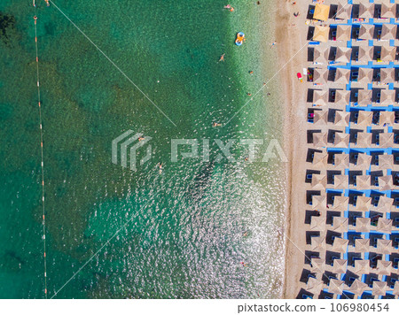 Aerial photographs. View from flying drone. Birds-eye view of beach in Montenegro. Top view 106980454