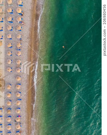 Aerial photographs. View from flying drone. Birds-eye view of beach in Montenegro. Top view 106980456