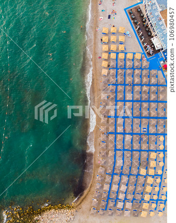 Aerial photographs. View from flying drone. Birds-eye view of beach in Montenegro. Top view 106980457