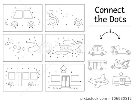 Vector dot-to-dot and color activity set with cute car, boat, plane, bus, tram. Transportation connect the dots games collection for children. Transport coloring page for kids. Printable worksheet 106980512