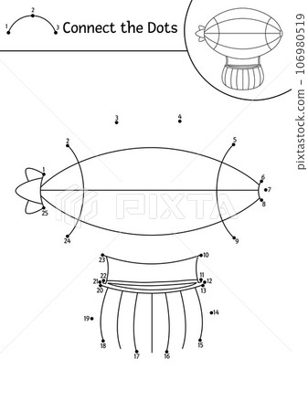 Vector dot-to-dot and color activity with cute zeppelin. Transportation connect the dots game for children with funny airship. Air transport coloring page for kids. Printable worksheet Vector dot-to-dot and color activity with cute zeppelin. Transportation connect the dots game for children with funny airship. Air transport coloring page for kids. Printable worksheet 106980519