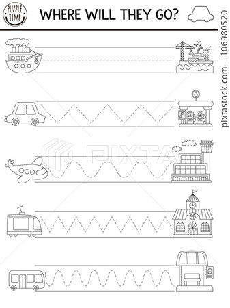 Vector transportation handwriting practice worksheet. Transport printable black and white activity for kids. Tracing game for writing skills. Coloring page with car, ship, plane, bus and places they Vector transportation handwriting practice worksheet. Transport printable black and white activity for kids. Tracing game for writing skills. Coloring page with car, ship, plane, bus and places they 106980520