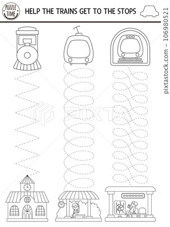 Vector transportation handwriting practice worksheet. Railroad transport printable black and white activity for kids. Tracing game for writing skills. Coloring page with train, engine, metro Vector transportation handwriting practice worksheet. Railroad transport printable black and white activity for kids. Tracing game for writing skills. Coloring page with train, engine, metro 106980521