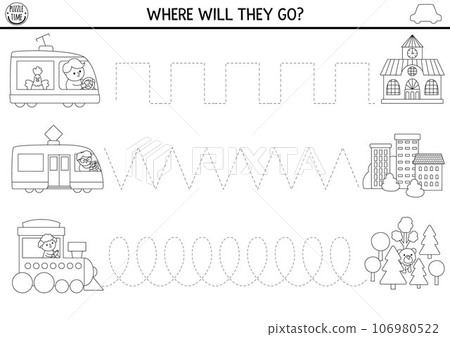 Vector transportation handwriting practice worksheet. Railroad transport printable black and white activity for kids. Tracing game for writing skills. Coloring page with train, engine, tramVector 106980522