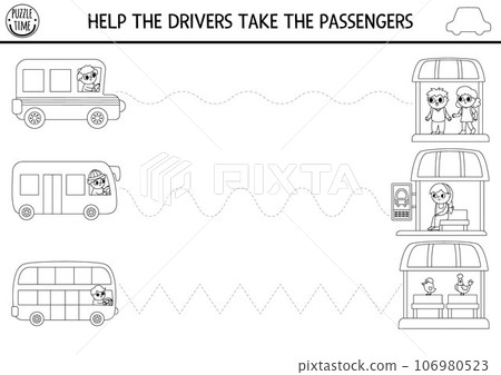 Vector transportation handwriting practice worksheet. Transport printable black and white activity for kids. Tracing game for writing skills. Coloring page with busses going for passengers 106980523