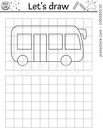 Draw the bus. Vector transport drawing practice worksheet. Printable black and white activity for kids with public vehicle. Transportation copy or complete the picture coloring page 106980530